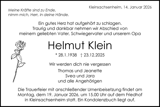 Traueranzeige von Helmut Klein von Bietigheimer Zeitung