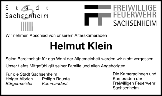 Traueranzeige von Helmut Klein von Bietigheimer Zeitung