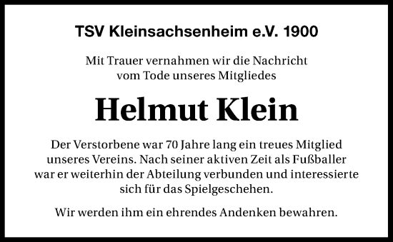 Traueranzeige von Helmut Klein von Bietigheimer Zeitung