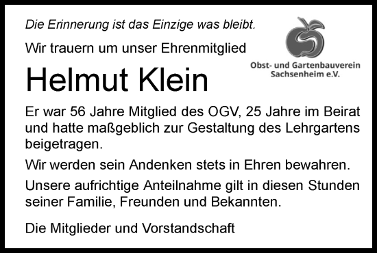 Traueranzeige von Helmut Klein von Bietigheimer Zeitung
