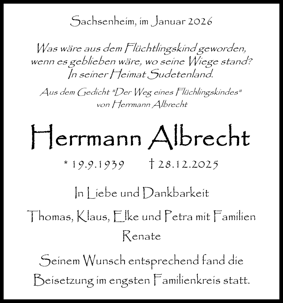  Traueranzeige für Herrmann Albrecht vom 20.01.2026 aus Bietigheimer Zeitung