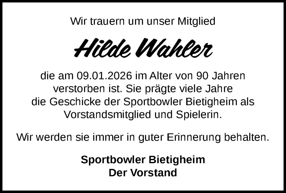  Traueranzeige für Hilde Wahler vom 21.01.2026 aus Bietigheimer Zeitung