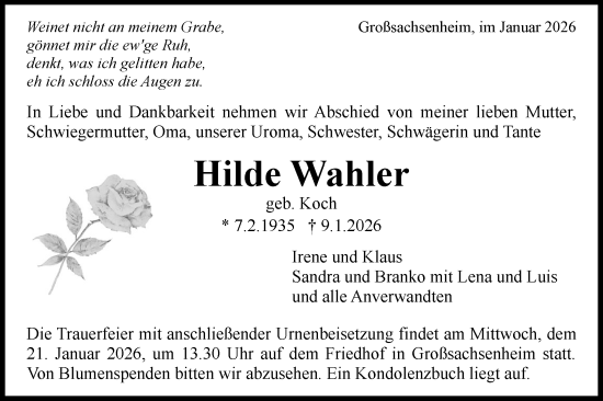 Traueranzeige von Hilde Wahler von Bietigheimer Zeitung