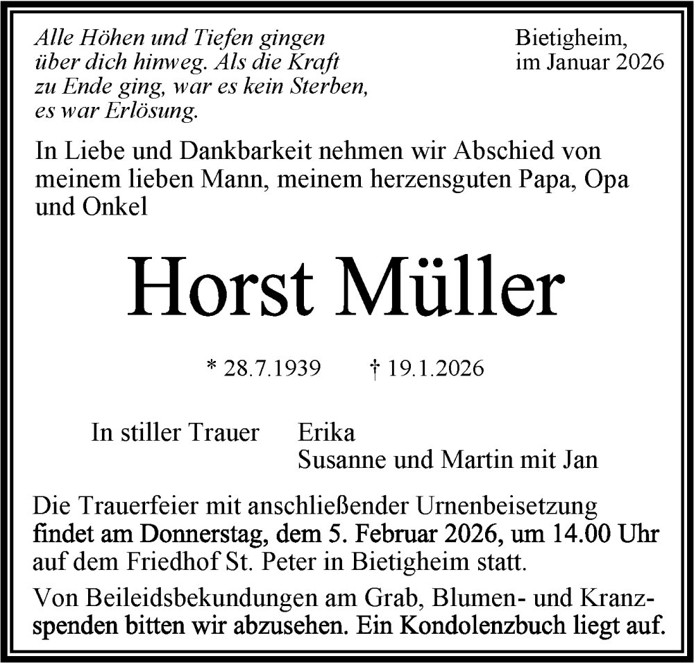  Traueranzeige für Horst Müller vom 30.01.2026 aus Bietigheimer Zeitung