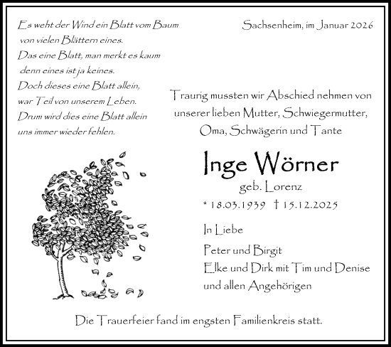 Traueranzeige von Inge Wörner von Bietigheimer Zeitung