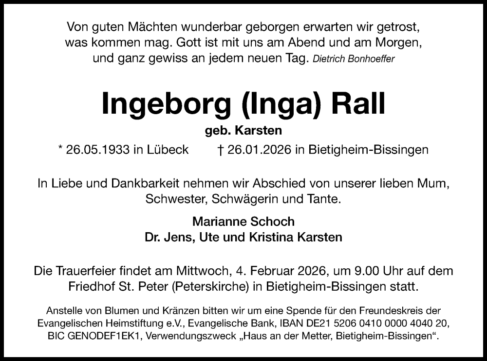  Traueranzeige für Ingeborg Rall vom 31.01.2026 aus Bietigheimer Zeitung
