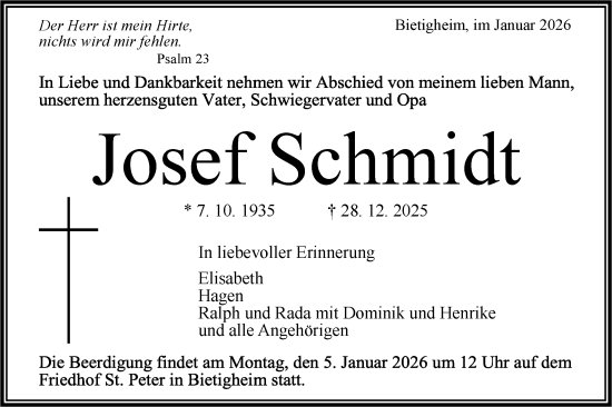 Traueranzeige von Josef Schmidt von Bietigheimer Zeitung