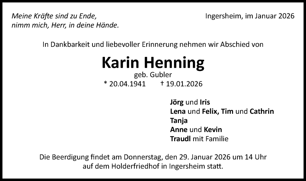  Traueranzeige für Karin Henning vom 24.01.2026 aus Bietigheimer Zeitung