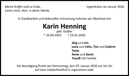 Traueranzeige von Karin Henning von Bietigheimer Zeitung