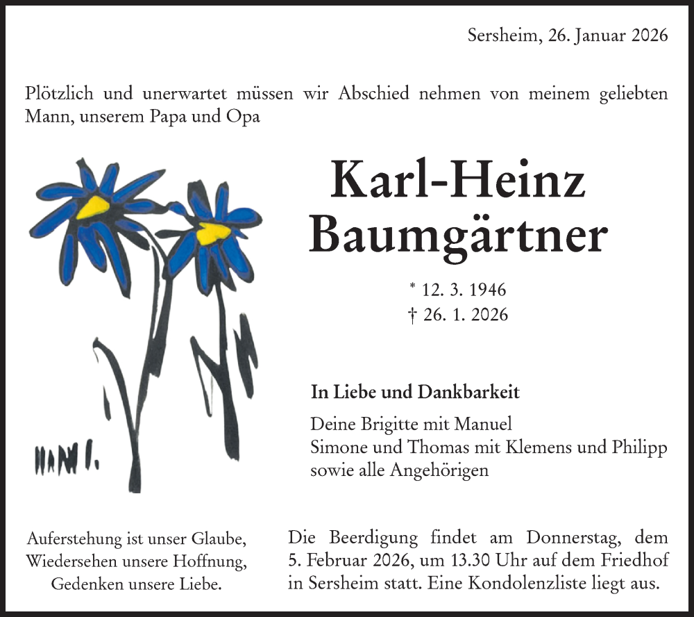  Traueranzeige für Karl-Heinz Baumgärtner vom 31.01.2026 aus Bietigheimer Zeitung