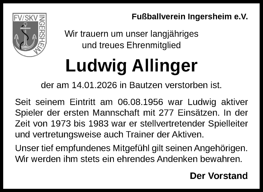  Traueranzeige für Ludwig Allinger vom 31.01.2026 aus Bietigheimer Zeitung