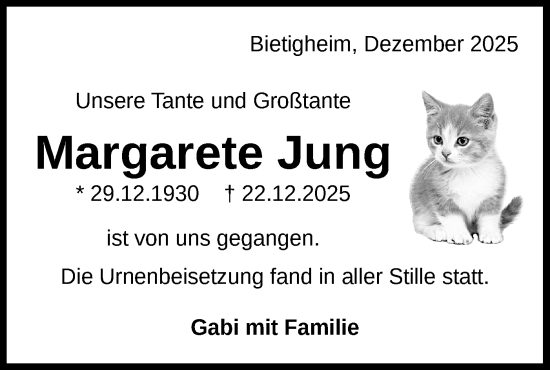 Traueranzeige von Margarete Jung von Bietigheimer Zeitung