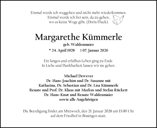 Traueranzeige von Margarethe Kümmerle von Bietigheimer Zeitung