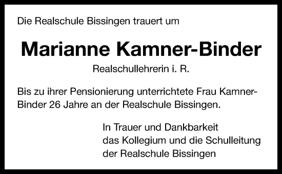 Traueranzeige von Marianne Kamner-Binder von Bietigheimer Zeitung
