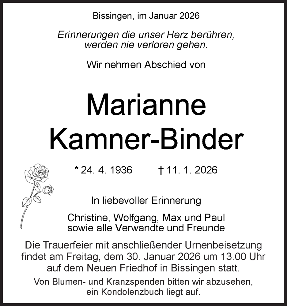  Traueranzeige für Marianne Kamner-Binder vom 24.01.2026 aus Bietigheimer Zeitung