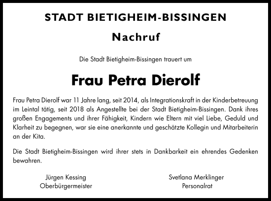 Traueranzeige von Petra Dierolf von Bietigheimer Zeitung