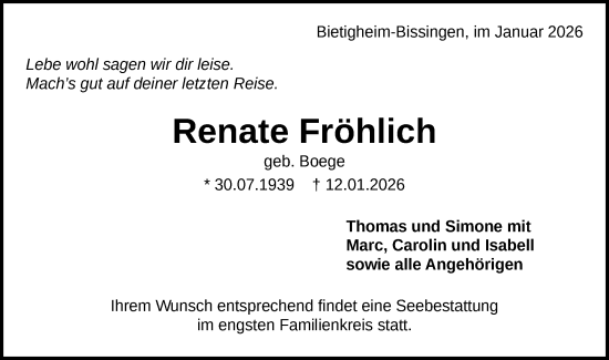 Traueranzeige von Renate Fröhlich von Bietigheimer Zeitung