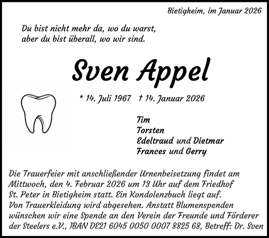 Traueranzeige von Sven Appel von Bietigheimer Zeitung