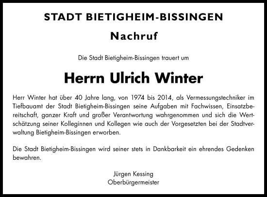 Traueranzeige von Ulrich Winter von Bietigheimer Zeitung