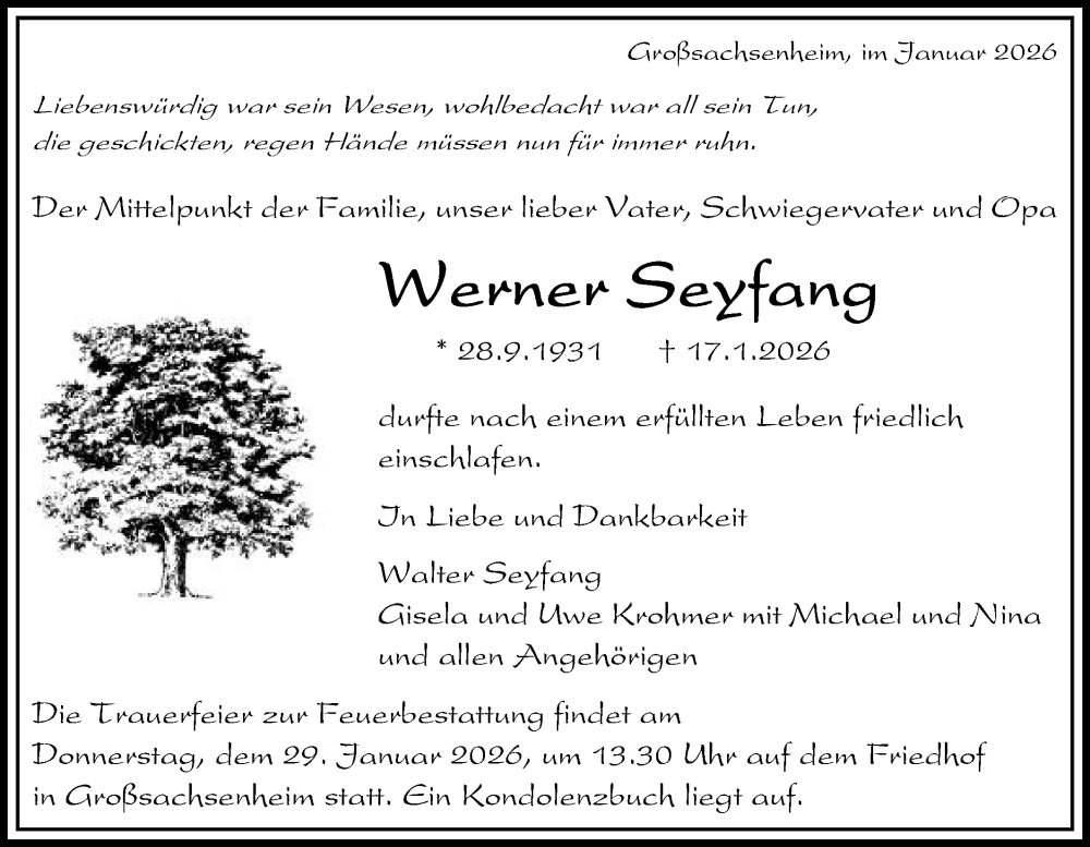  Traueranzeige für Werner Seyfang vom 23.01.2026 aus Bietigheimer Zeitung