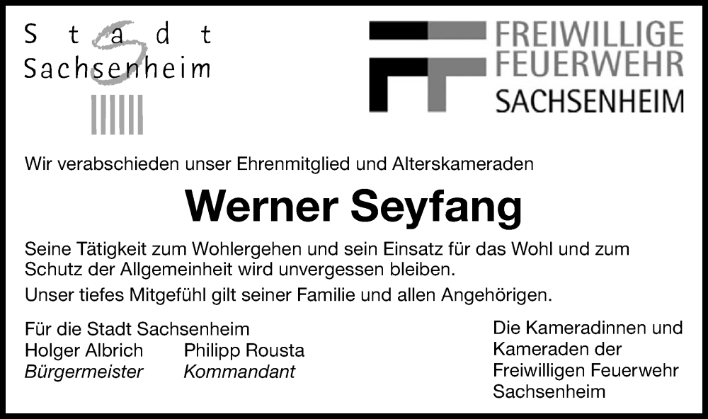  Traueranzeige für Werner Seyfang vom 24.01.2026 aus Bietigheimer Zeitung