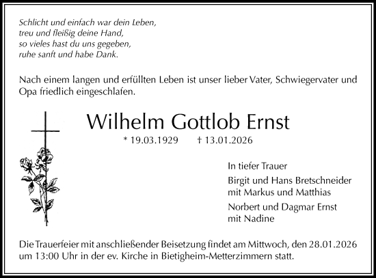Traueranzeige von Wilhelm Gottlob Ernst von Bietigheimer Zeitung
