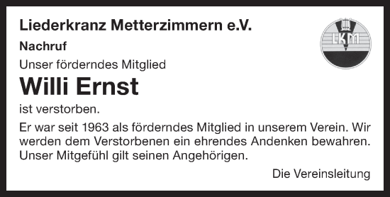 Traueranzeige von Willi Ernst von Bietigheimer Zeitung