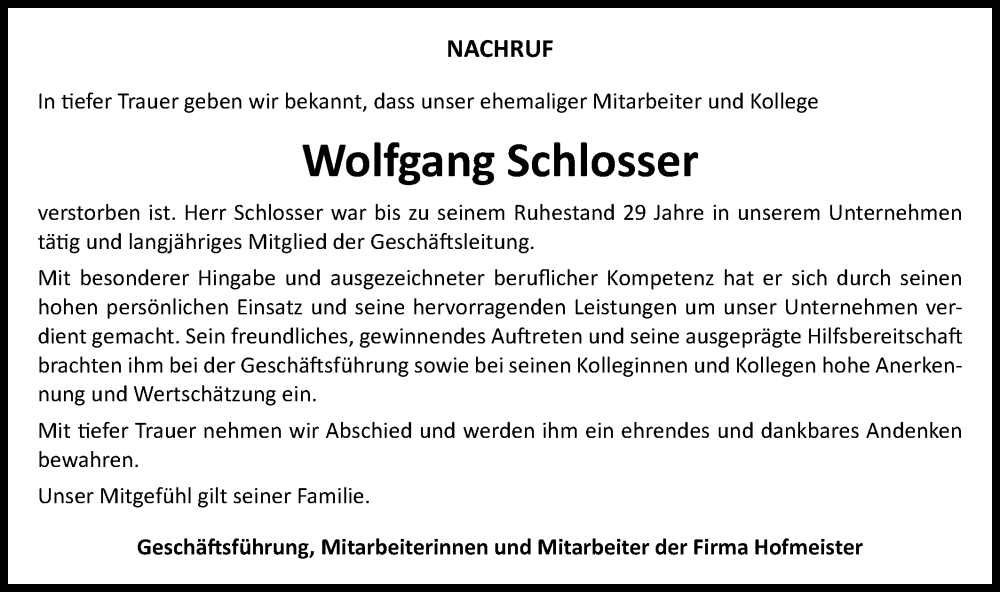  Traueranzeige für Wolfgang Schlosser vom 20.01.2026 aus Bietigheimer Zeitung