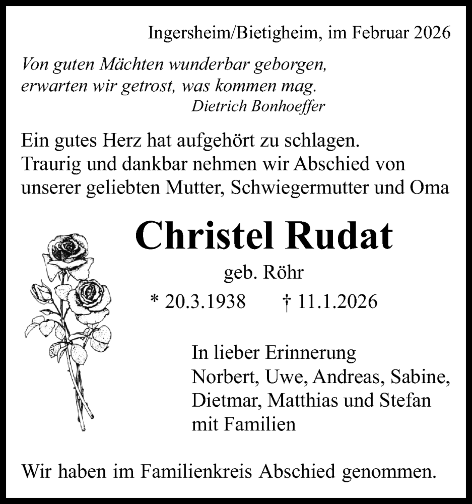  Traueranzeige für Christel Rudat vom 03.02.2026 aus Bietigheimer Zeitung