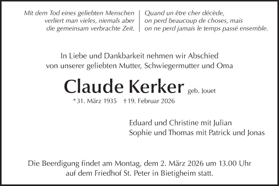 Traueranzeige von Claude Kerker von Bietigheimer Zeitung