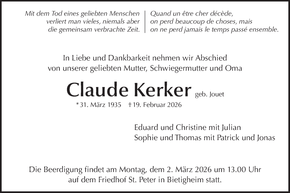  Traueranzeige für Claude Kerker vom 27.02.2026 aus Bietigheimer Zeitung