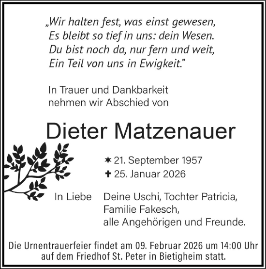 Traueranzeige von Dieter Matzenauer von Bietigheimer Zeitung