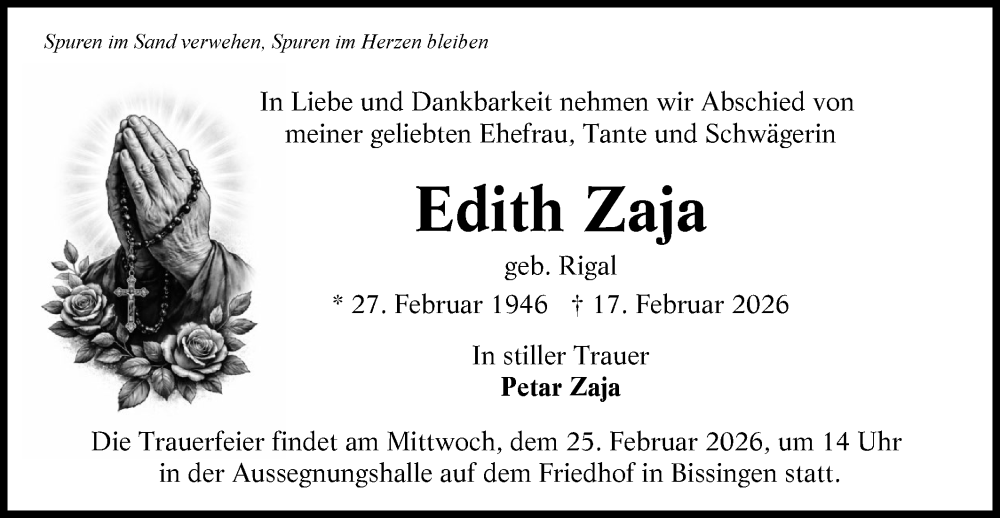  Traueranzeige für Edith Zaja vom 21.02.2026 aus Bietigheimer Zeitung