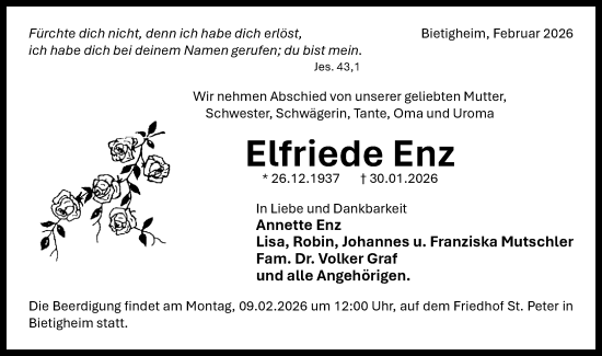 Traueranzeige von Elfriede Enz von Bietigheimer Zeitung