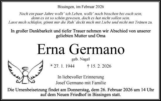 Traueranzeige von Erna Germano von Bietigheimer Zeitung