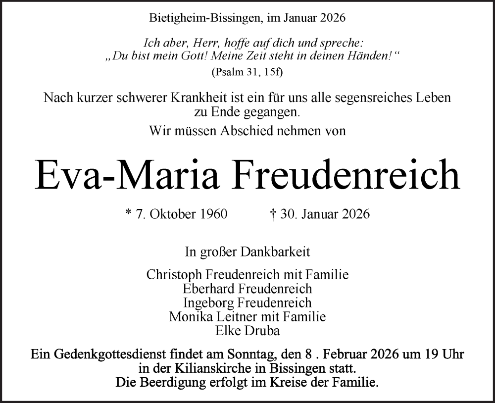  Traueranzeige für Eva-Maria Freudenreich vom 05.02.2026 aus Bietigheimer Zeitung