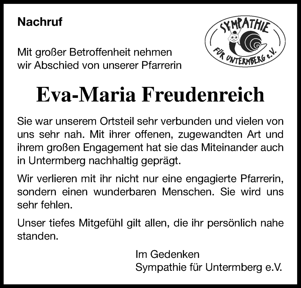  Traueranzeige für Eva-Maria Freudenreich vom 05.02.2026 aus Bietigheimer Zeitung