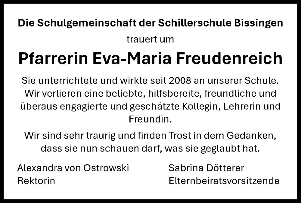  Traueranzeige für Eva-Maria Freudenreich vom 05.02.2026 aus Bietigheimer Zeitung