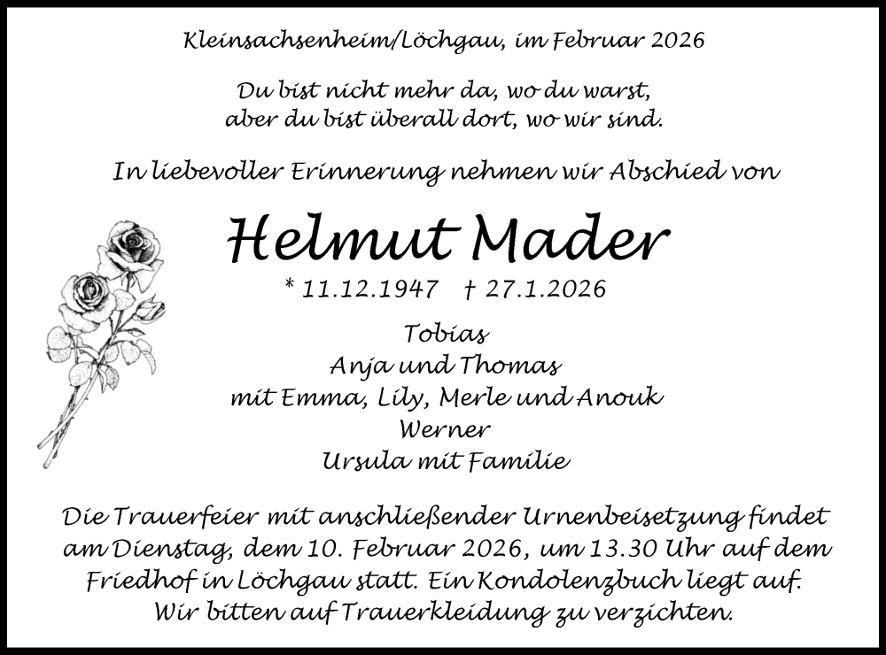  Traueranzeige für Helmut Mader vom 04.02.2026 aus Bietigheimer Zeitung