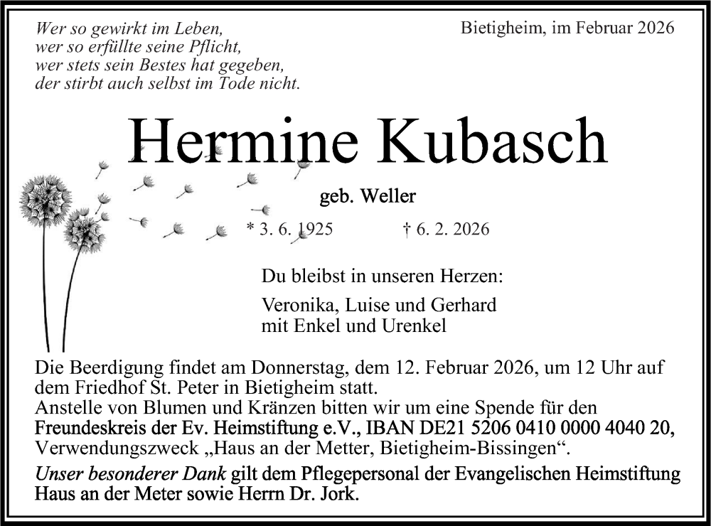  Traueranzeige für Hermine Kubasch vom 10.02.2026 aus Bietigheimer Zeitung