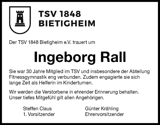 Traueranzeige von Ingeborg Rall von Bietigheimer Zeitung