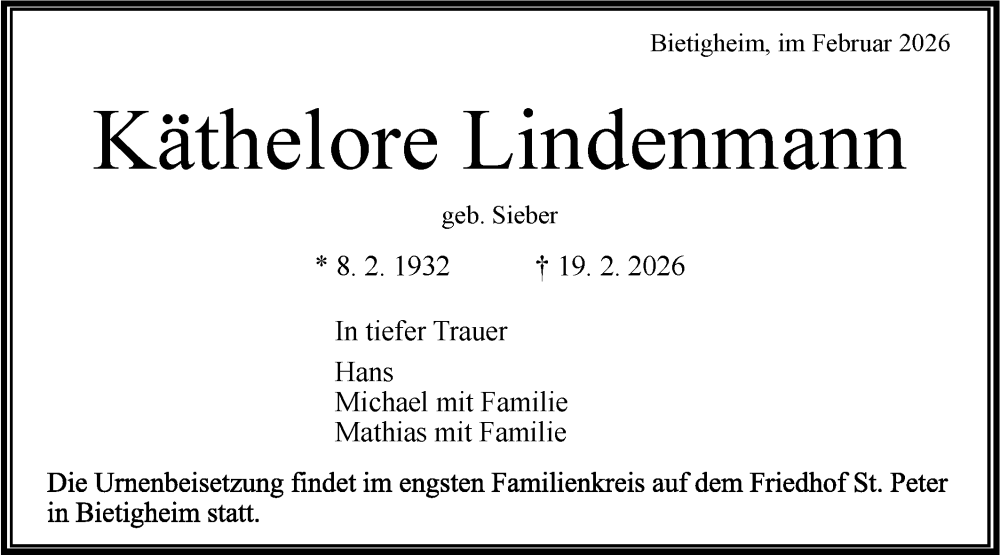  Traueranzeige für Käthelore Lindenmann vom 25.02.2026 aus Bietigheimer Zeitung
