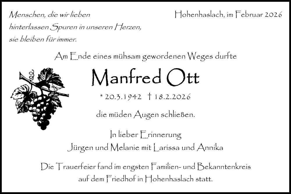  Traueranzeige für Manfred Ott vom 26.02.2026 aus Bietigheimer Zeitung