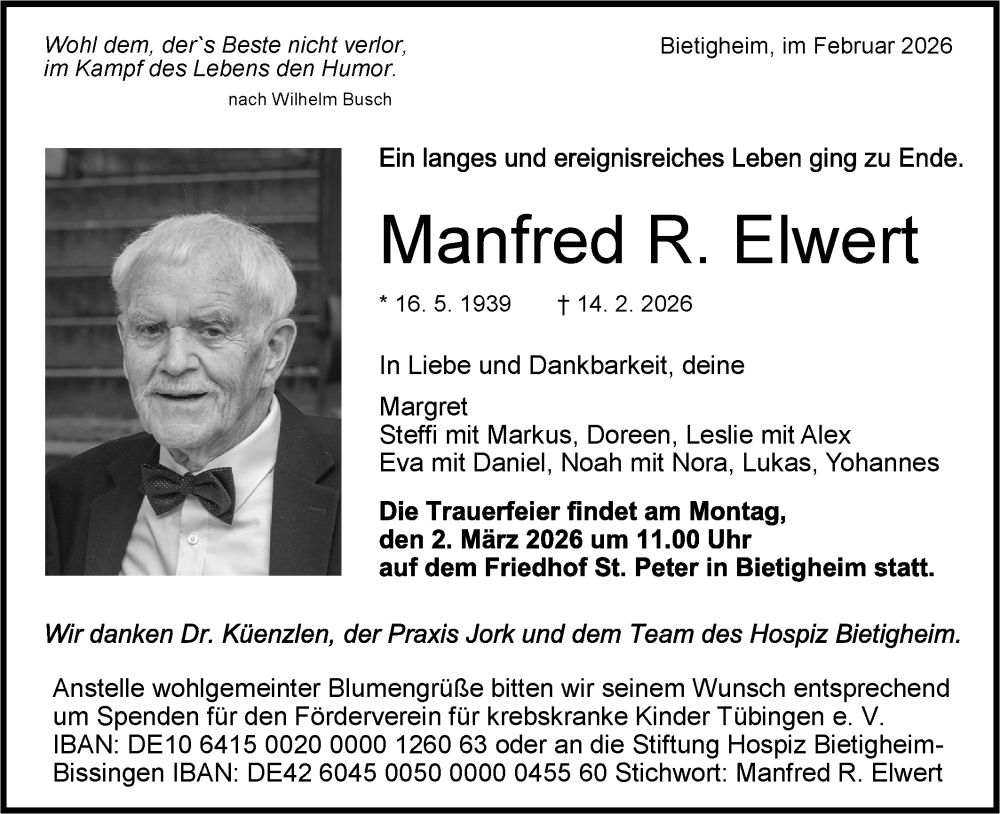  Traueranzeige für Manfred R. Elwert vom 23.02.2026 aus Bietigheimer Zeitung