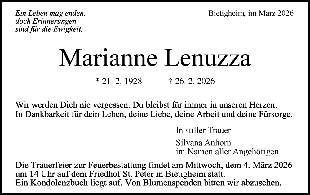  Traueranzeige für Marianne Lenuzza vom 28.02.2026 aus Bietigheimer Zeitung