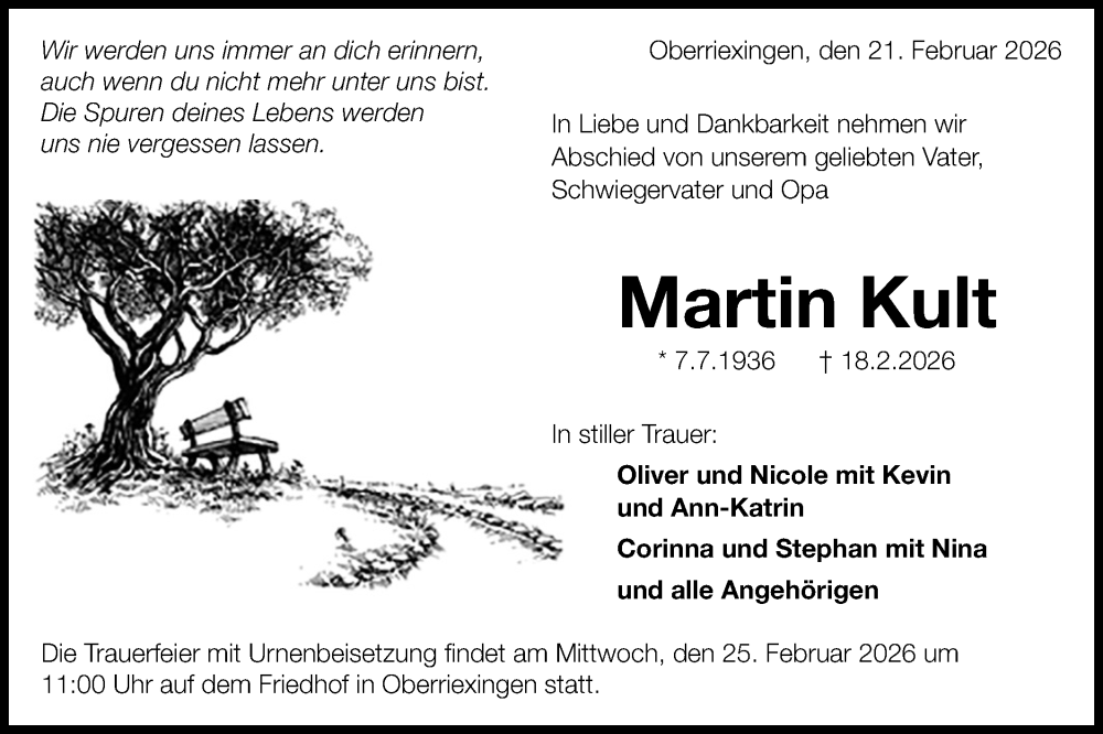  Traueranzeige für Martin Kult vom 21.02.2026 aus Bietigheimer Zeitung