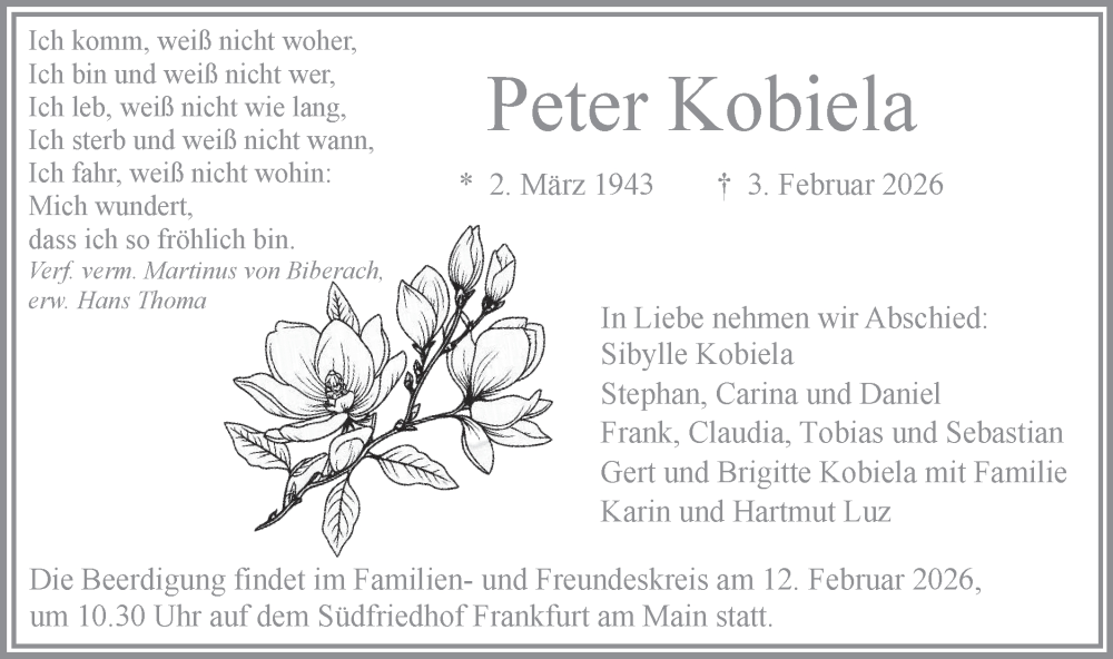  Traueranzeige für Peter Kobiela vom 07.02.2026 aus Bietigheimer Zeitung