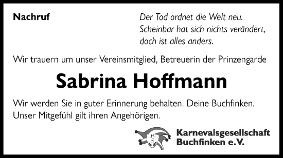 Traueranzeige von Sabrina Hoffmann von Bietigheimer Zeitung