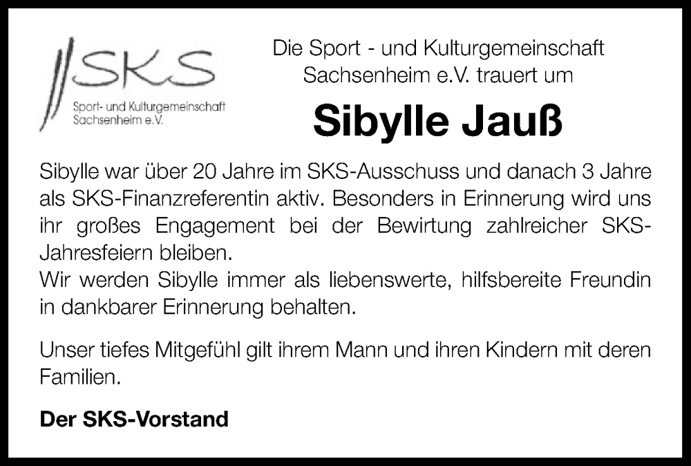  Traueranzeige für Sibylle Jauß vom 28.02.2026 aus Bietigheimer Zeitung