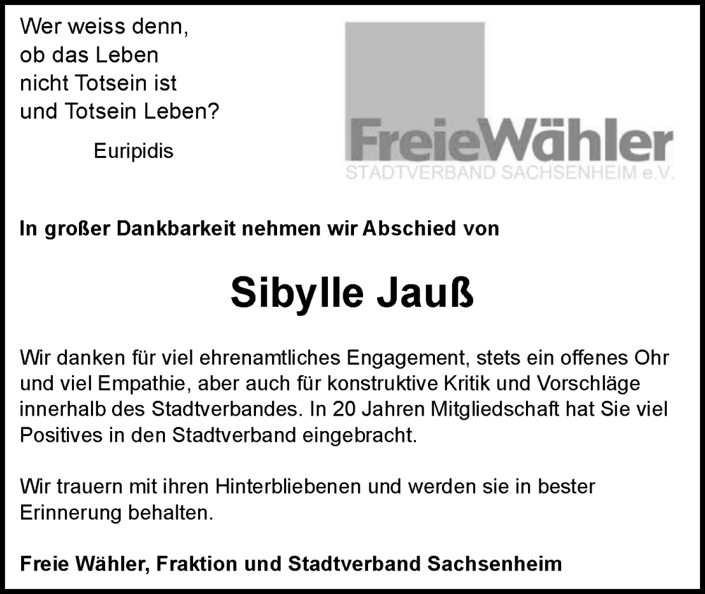  Traueranzeige für Sibylle Jauß vom 28.02.2026 aus Bietigheimer Zeitung